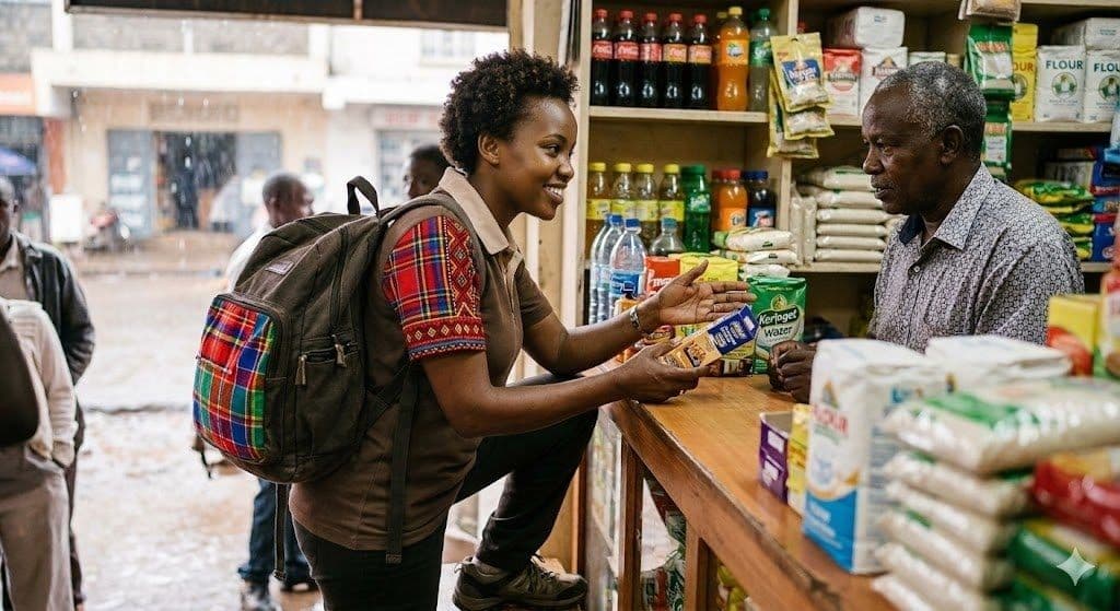 Field sales representative serving a general trade shopkeeper