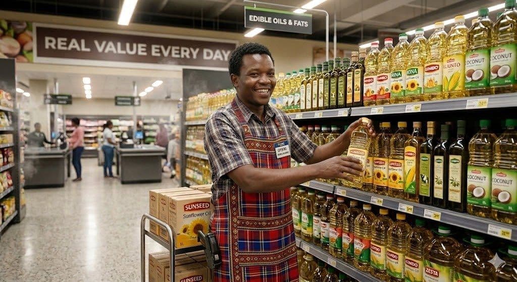 Afrikan Moran merchandiser facing up cooking oil in a Kenyan supermarket aisle